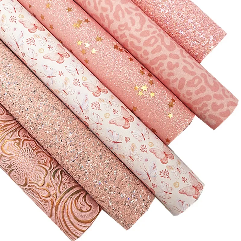 Pink Glitter Leather Sheets Leopard Custom Suede Leather Butterflies Printed Synthetic Leather for DIY Craft 8.2\