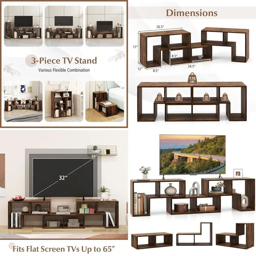 

Adjustable TV Stand for Bedroom - 3-Piece Entertainment Center with Storage for 50-65 Inch TVs, Open Bookcase Shelf in Brown