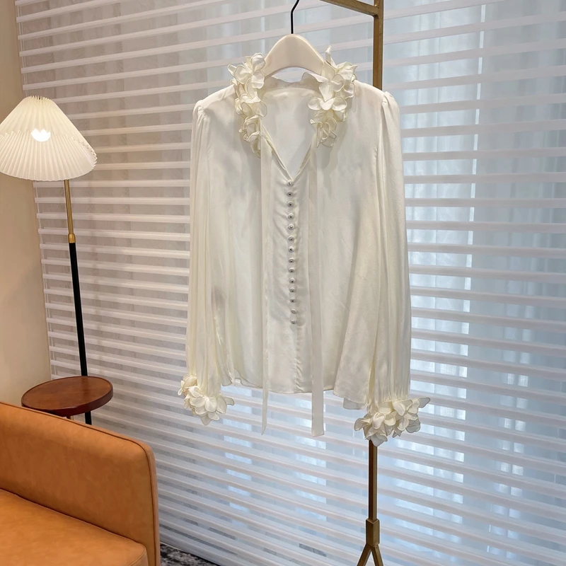 بلوزة سادة من الدانتيل برباط ثلاثي الأبعاد مزينة بزهور مرقعة للنساء ، قمم بأكمام طويلة ، على الطراز الفرنسي ، قميص أرجواني ، تصميم جديد ، ربيعي ،