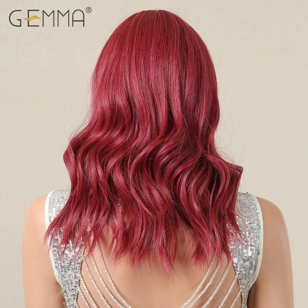 GEMMA Wine Red Shoulder Long Wavy Wig with Bangs Synthetic Red Cosplay Wigs for Women Natural Party Daily Hair Heat Resistant