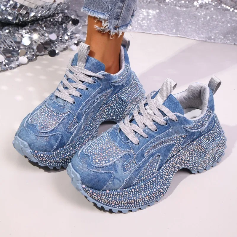 Fashion Rhinestone Women's Chunky Sneakers Thick Sole Lace Up Casual Shoes Luxury Denim Platform Vulcanize Shoes for Women 35-42
