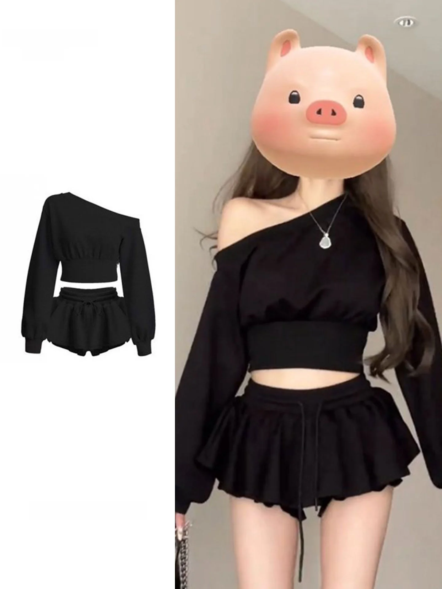 

Black Crop Top High Waist Short Skirt Slimming Fashion Set Women's plus Size Hot Girl Style Spring New Arrival Two Piece Set