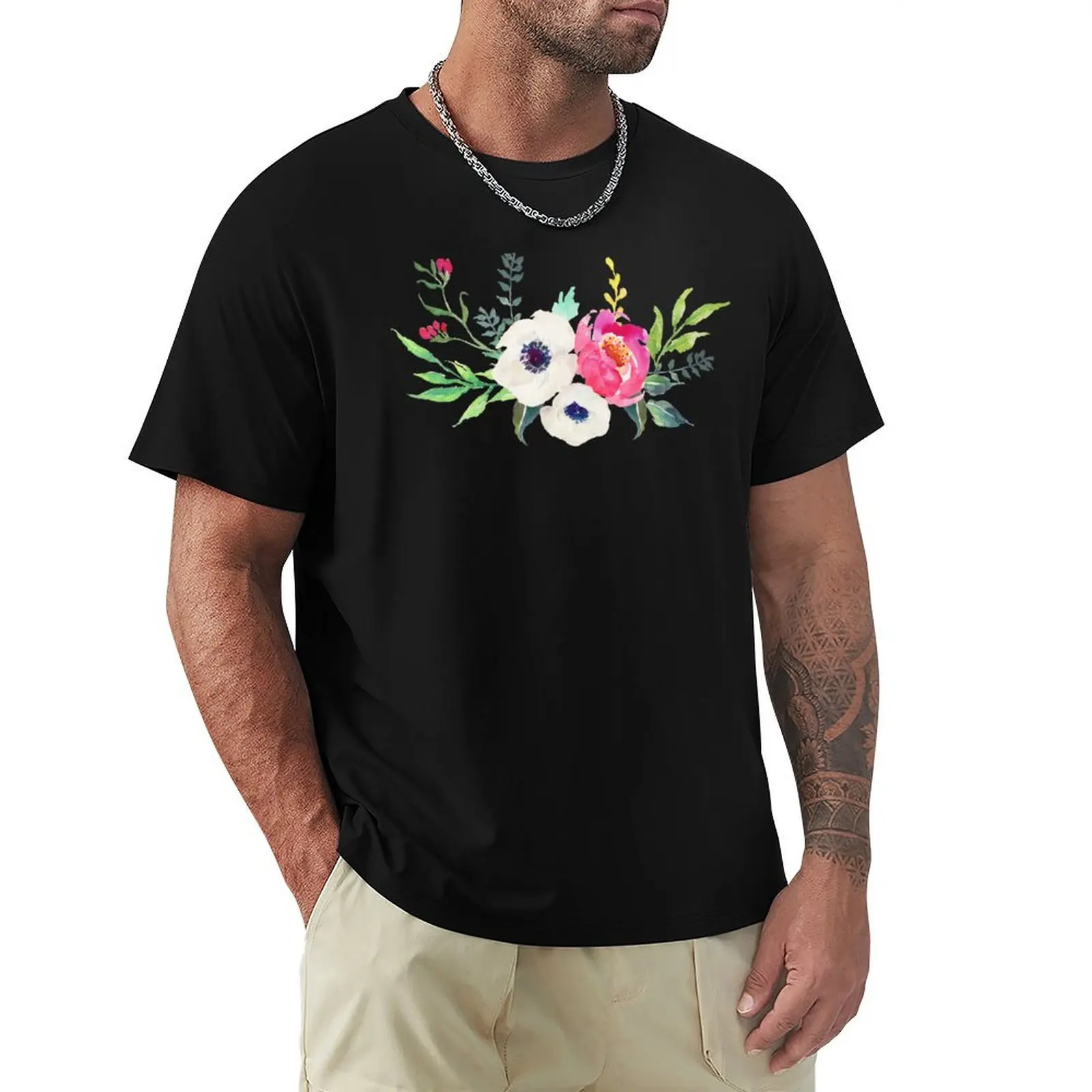 Anemone Peony Watercolor Bouquet T-Shirt vintage anime shirt vintage t shirts for men graphic