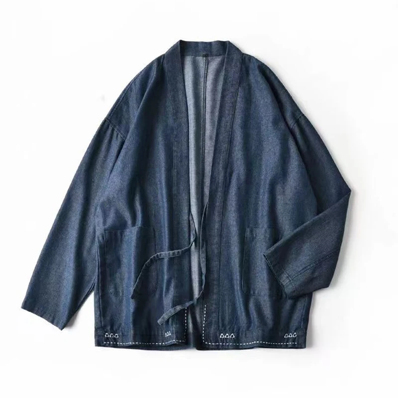 Bottom White Stitching Men Denim Kimono Jacket Stand Collar Japan Style Open Placket Cotton Haori Long Sleeves