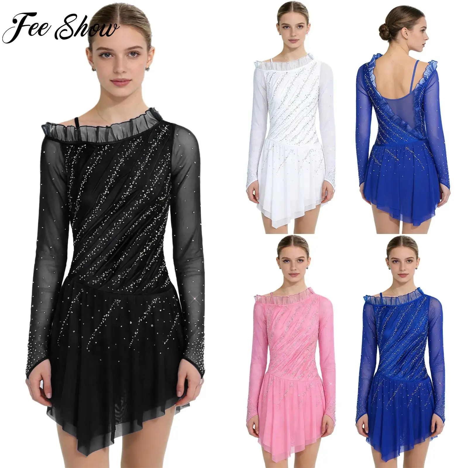 

Женский костюм для выступлений: гимнастика, фигурное катание, балет, лирический и современный танец. Длинные рукава, блестящие стразы, сетчатое платье.