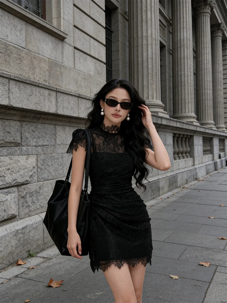 

Ele Bla Lace Embroidery Dr Women's Slimming ort Skirt High Quali Faionable Lady Sle Mid-Length A-Line Dr