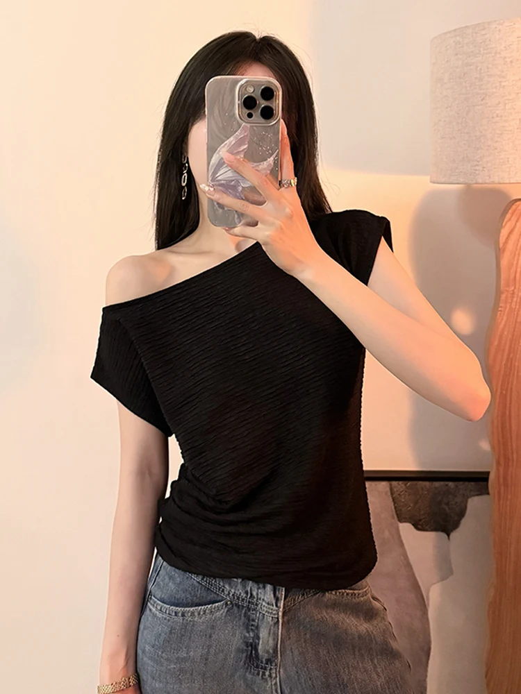 

Новая женская летняя футболка 2025 года: асимметричная, на одно плечо, с коротким рукавом, облегающая, сексуальный топ с открытым плечом