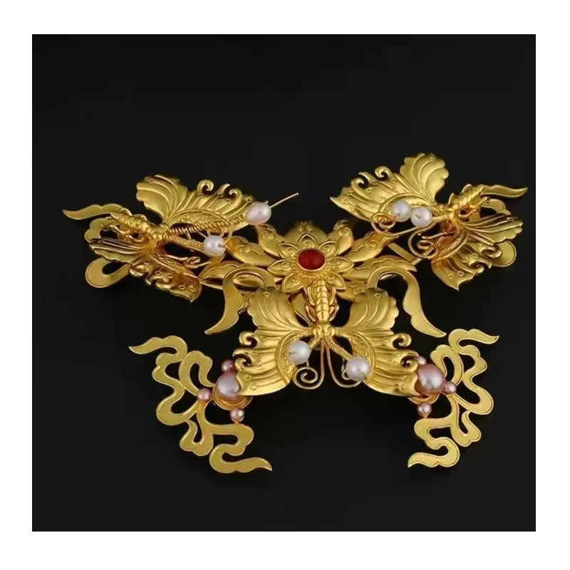

Moth Distraction Hair Crown Pure Copper Gold-plated Butterfly Hairpin Antique Hair Accessories Butterfly Love Flower Hanfu Hair