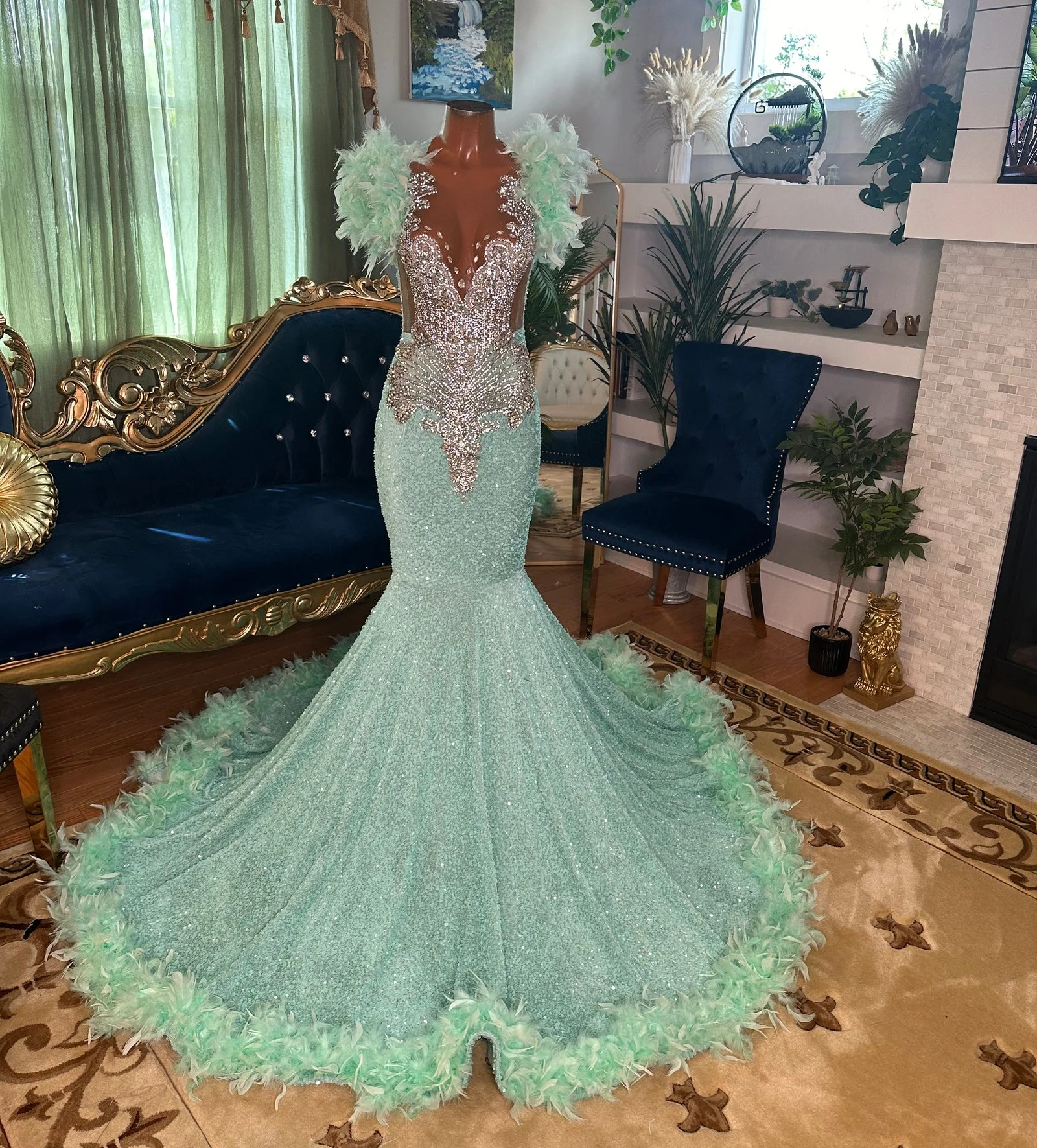 

Turquoise Long Prom Dresses For Black Girls Sheer Beaded Feather American African Evening Gowns Birthday Party Robe Customized