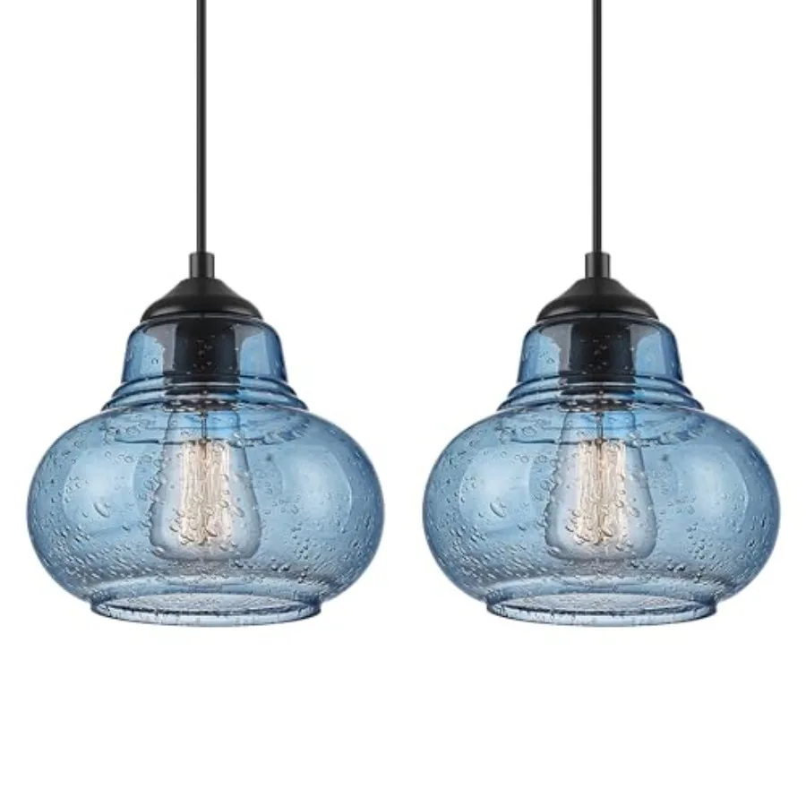 

2 Pack Bubble Glass Pendant Lights 8 inch Modern Blue Hand Blown Globe Glass Pendant Lighting Hanging Light fixtures for Kitche