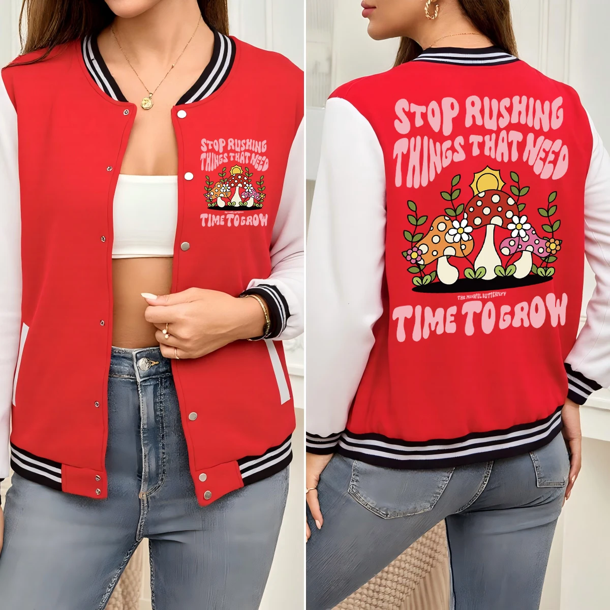 

Stop Rushing Things Mushroom Print Female Baseball Uniform Hip Hop Cotton Streetwear Autumn Colorful Clothing Women Jackets