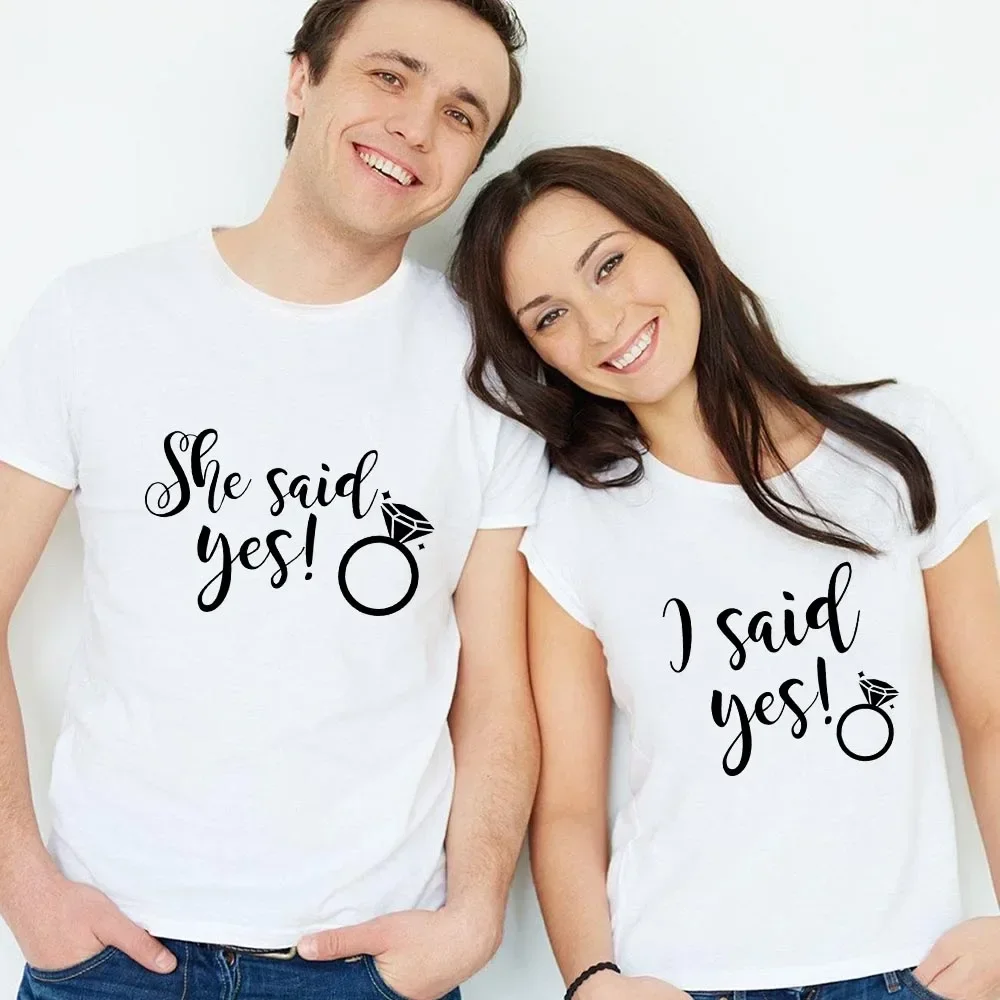 Bride Wedding Party Couples Slogan Tees Tops Clothing Said Yes Couple Matching White T-shirt Lover T Shirts