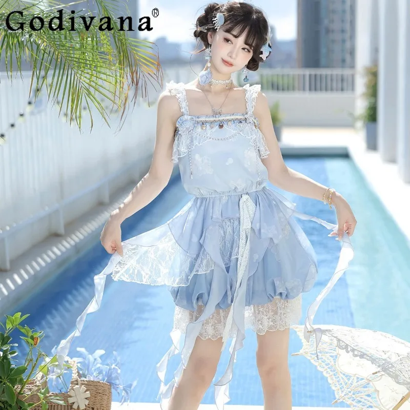 

Lolita Sweet Strap Puffy Top Flower Bud Short Skirt Two Piece Set Women Pure Desire Style Lolita Outfits Female Summer Suits