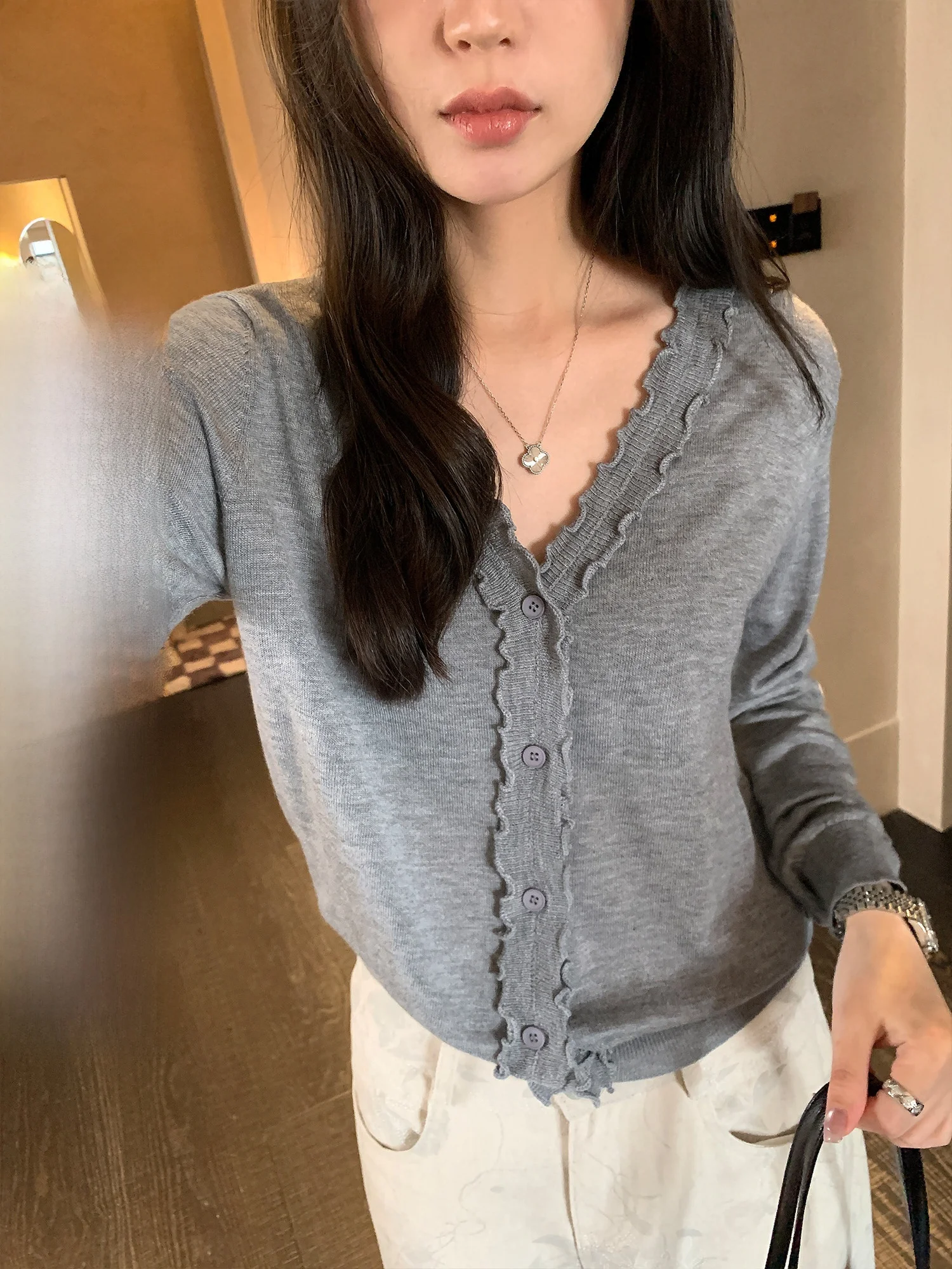 

Elegant V-Neck Knitted Open Cardigan Women's Loose Long Sleeve Spring Fashion Hook Flower Wooden Casual Style Wool Blend