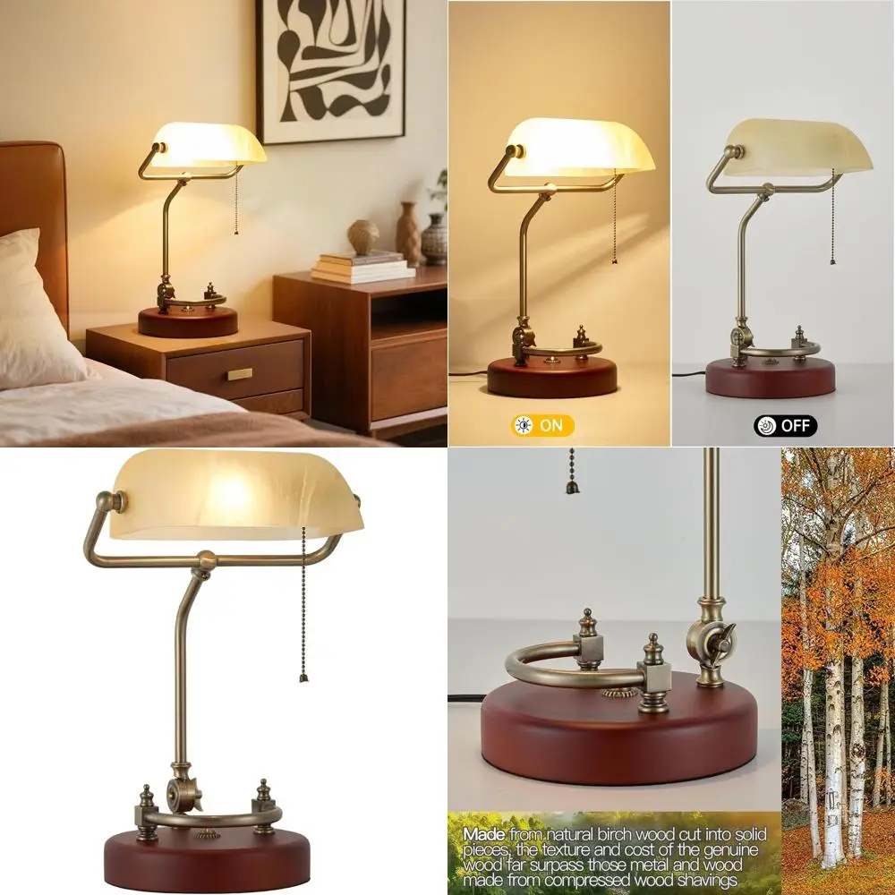 

Классическая белая настольная лампа с основанием из березового дерева, винтажная библиотечная лампа, с выключателем на цепочке, подключаемая к сети, для офиса или кабинета.