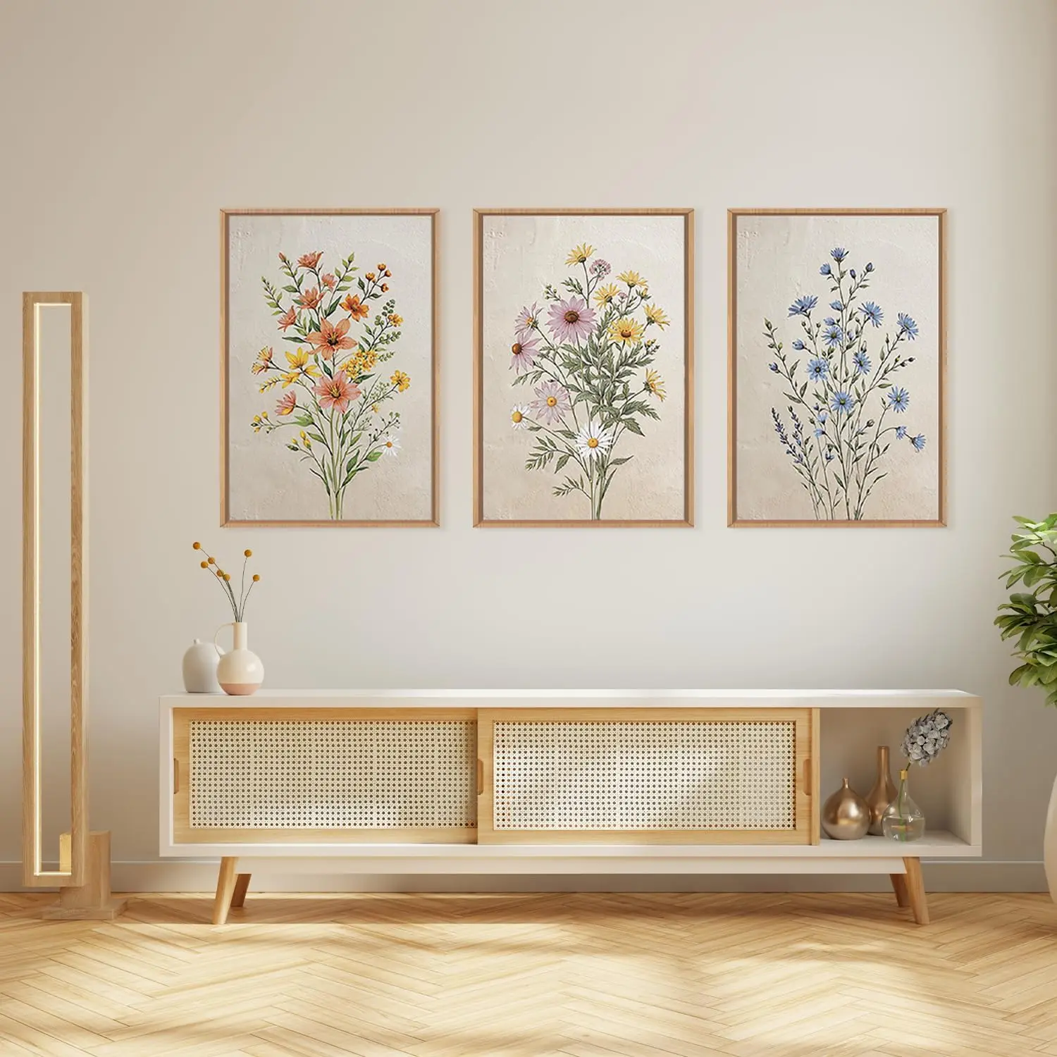 3pcs/Set Minimalist Plant Retro Modern Watercolor Bohemian Floral Canvas Poster Picture Wall Art, Living Room Home Decoration