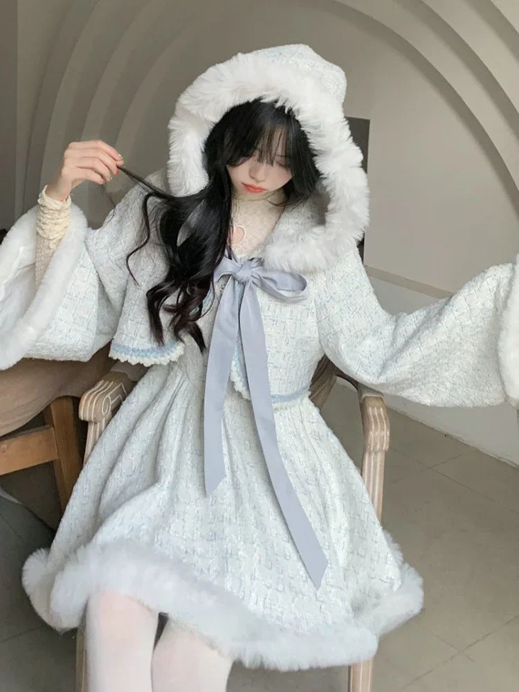 Small Chanel Style Two-piece Dress Female Elegant Hooded Jacket Sweet French Style Short Party Dress Female Japanese Lolita Suit