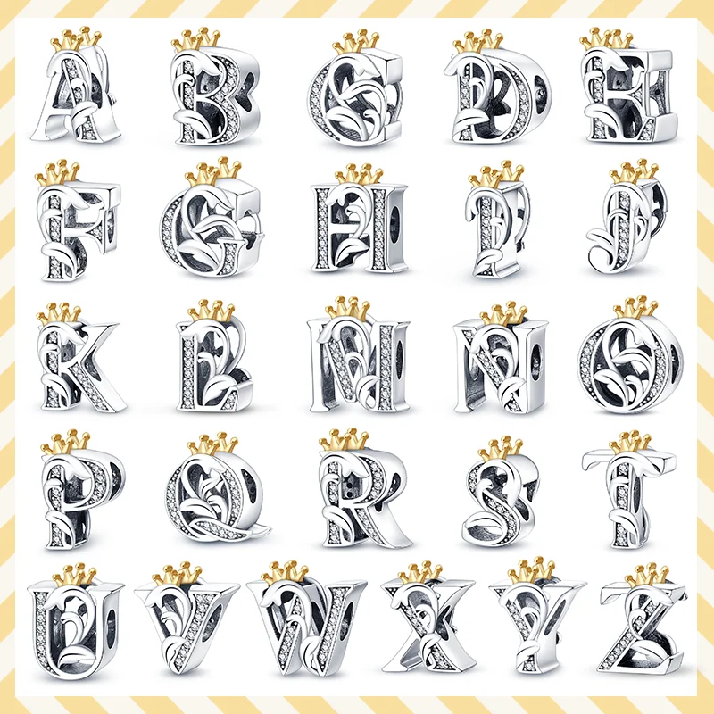 925 Sterling Silver Charme Beads, Coroa, 26 Letras, Adequado para Pandora Pulseira Original, DIY Fazer Jóias Exquisite, Presente da Moda