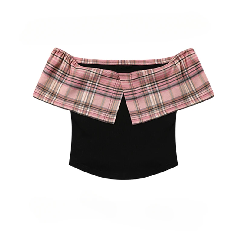 

Hot Girl Pure Lust Style Spliced Plaid One-shoulder Short T-shirt Women Summer French Sexy Backless Slim Fit Tops Female Clothes