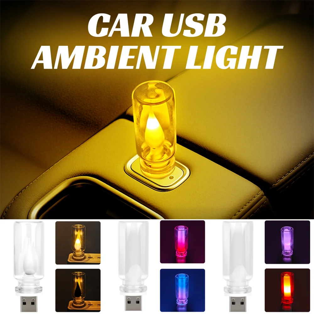 USB LED Candle Type Night Light Clear Glass Flickering Dynamic Flame Light Touch Control Mood Lighting for Car Home Lamp