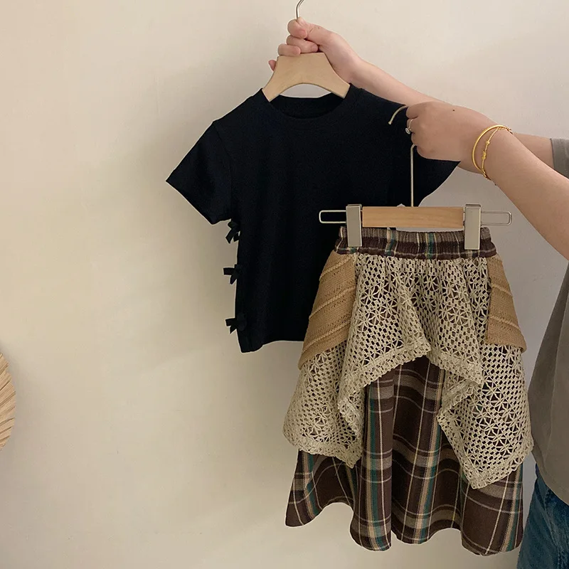 Bow Solid Kids Clothes Short Sleeved Versatile Hollow Skirt Trendy Baby Girl Clothes Sets for Children Conjuntos Para Niños 2025