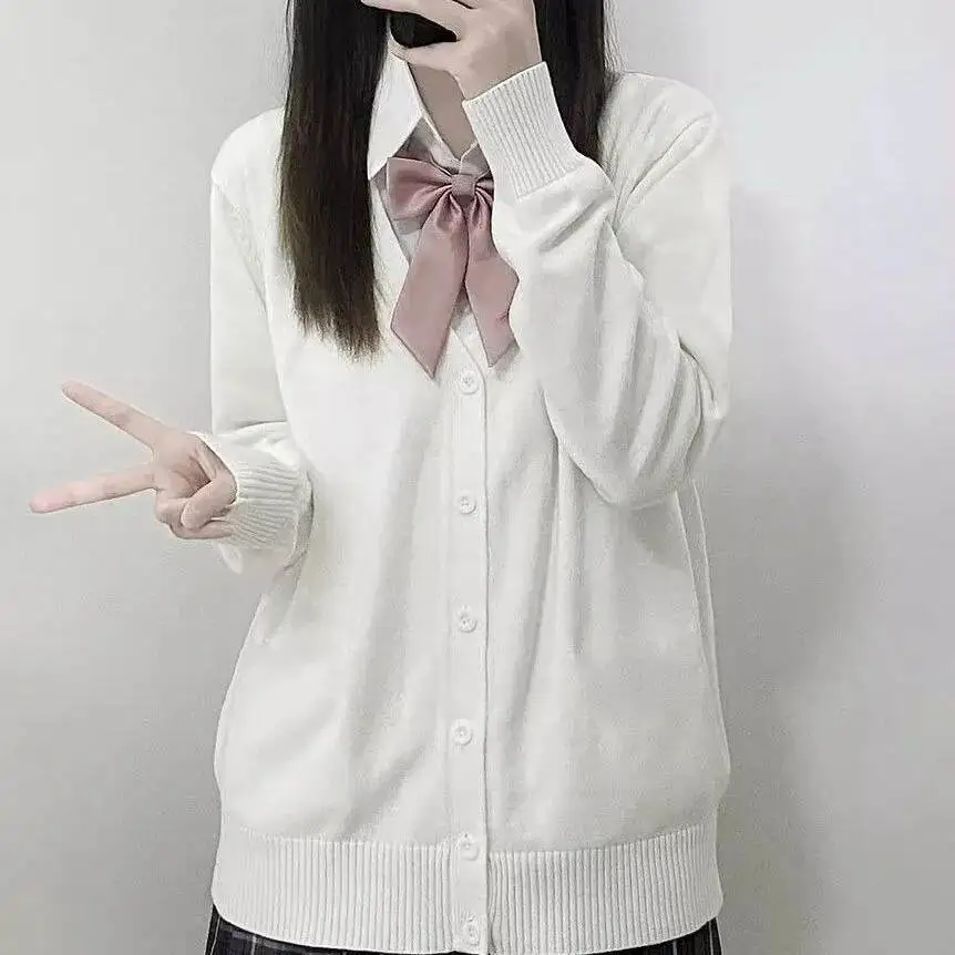 اليابانية بلون الخامس الرقبة محبوك سترة سترة المدارس الأصلي JK موحدة المرأة قميص قطني بكم طويل سترة فضفاضة