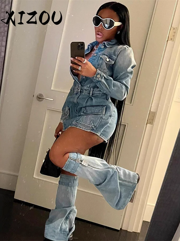 

XIZOU джинсовый комплект из 2 предметов, женское лоскутное однобортное платье + металлическая отделка на молнии с рукавами для ног, модная уличная винтажная одежда