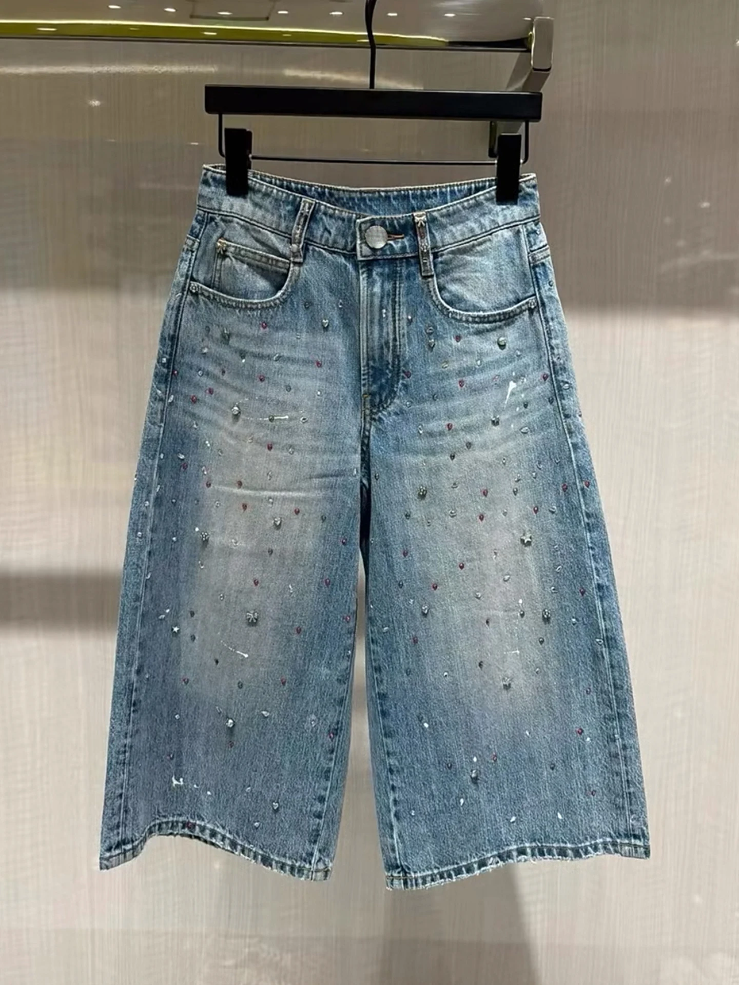 High-End Women's Summer Design Diamond Washed Wide Leg Jeans Female High Waist Straight Cut Comfortable Fit Blue Denim Pants