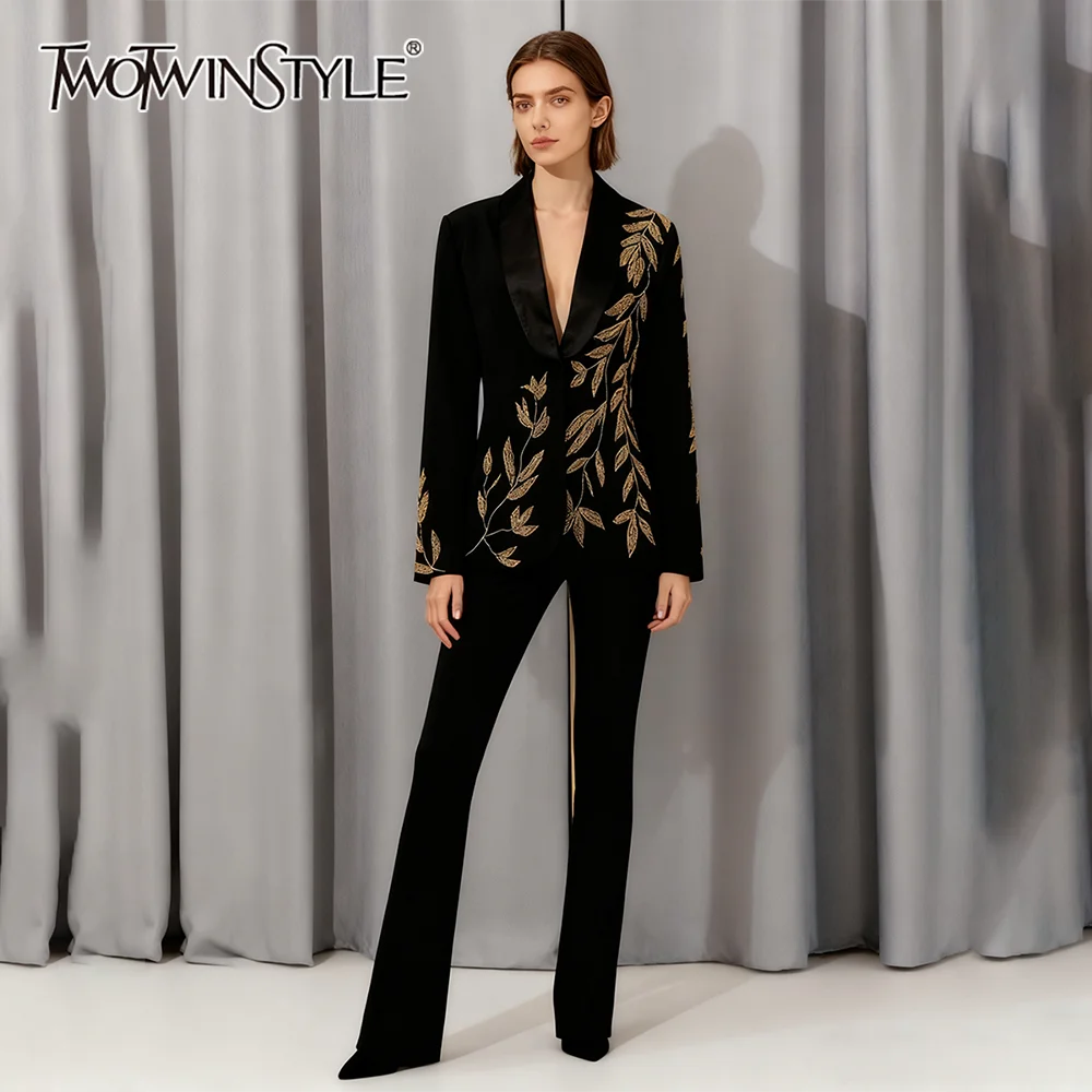 TWOTWINSTYLE Slimming Spliced Beading Temperament Blazers for Women Lapel Long Sleeves Tunic Fashion Blazer Female Clothing New