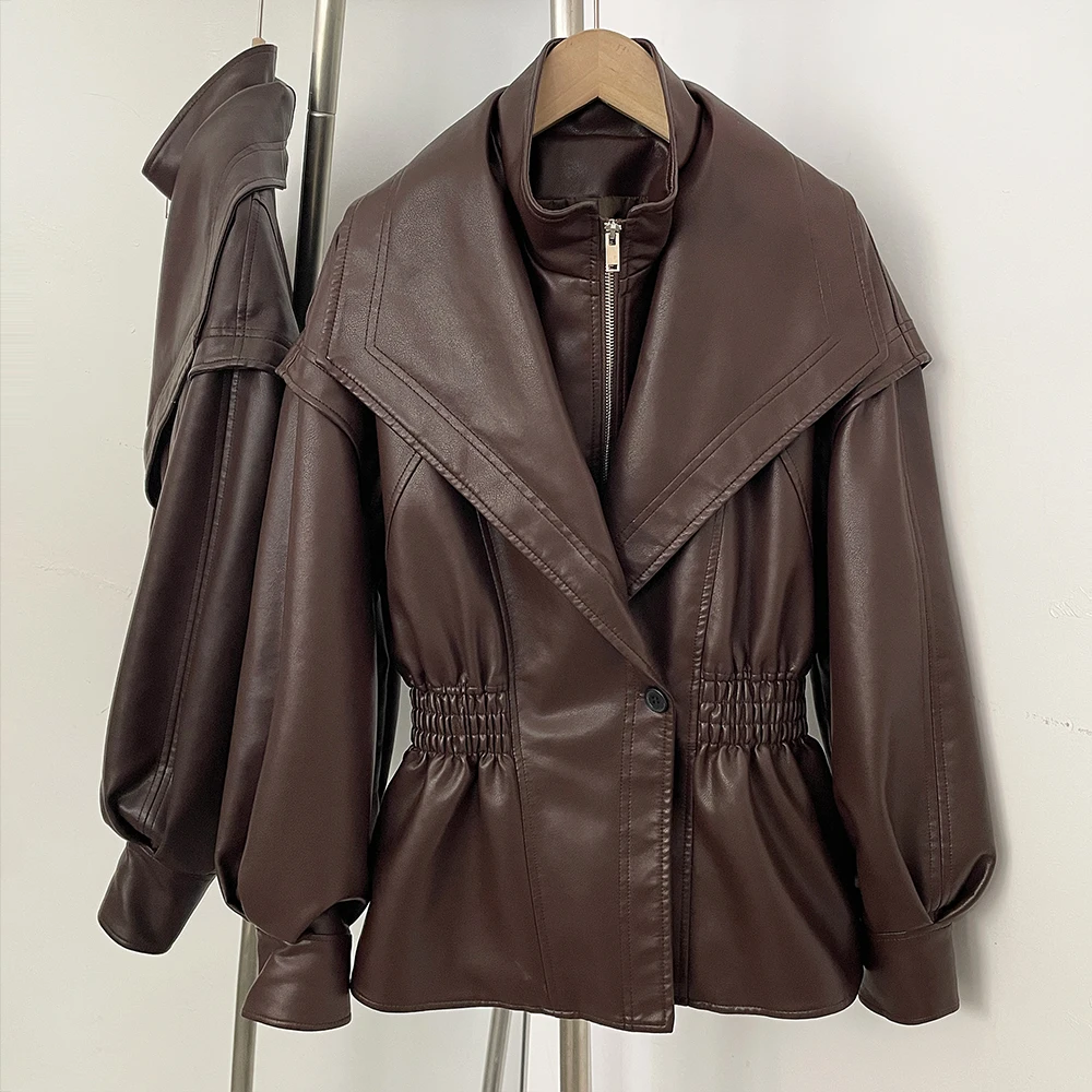 

Женская куртка из искусственной кожи на молнии, приталенная, с эластичной талией, винтажный кожаный тренч с высоким воротником