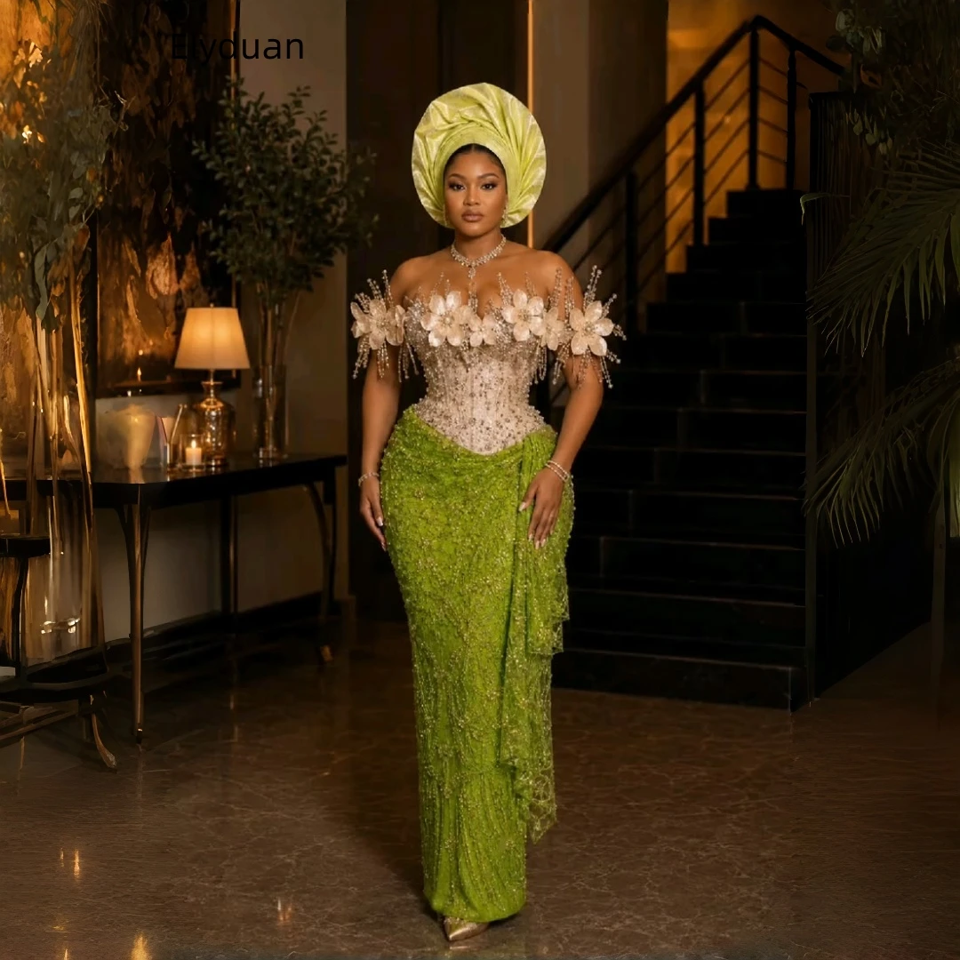 African Aso Ebi Sheath Prom Dress Off‑Shoulder 3D Flower Crystal Beaded Corset Lime Green Beaded Evening Gown Customized