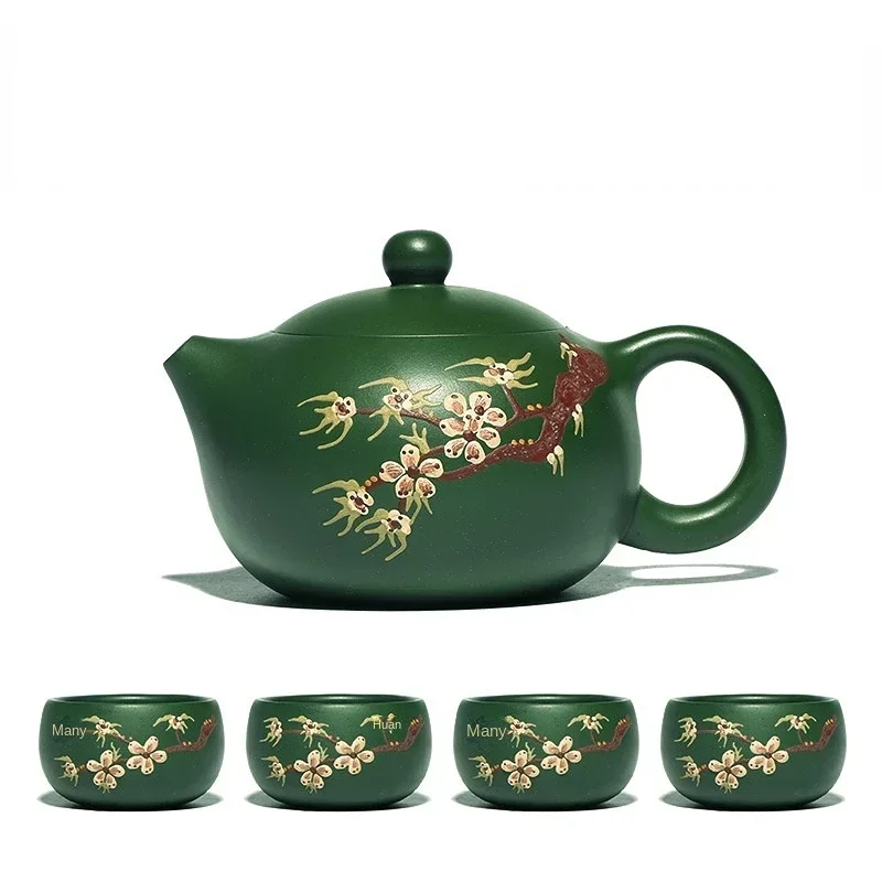 Zisha Pot Famous Handmade Household Teapot Raw Ore Green Mud Handpainted Plum Tea Set