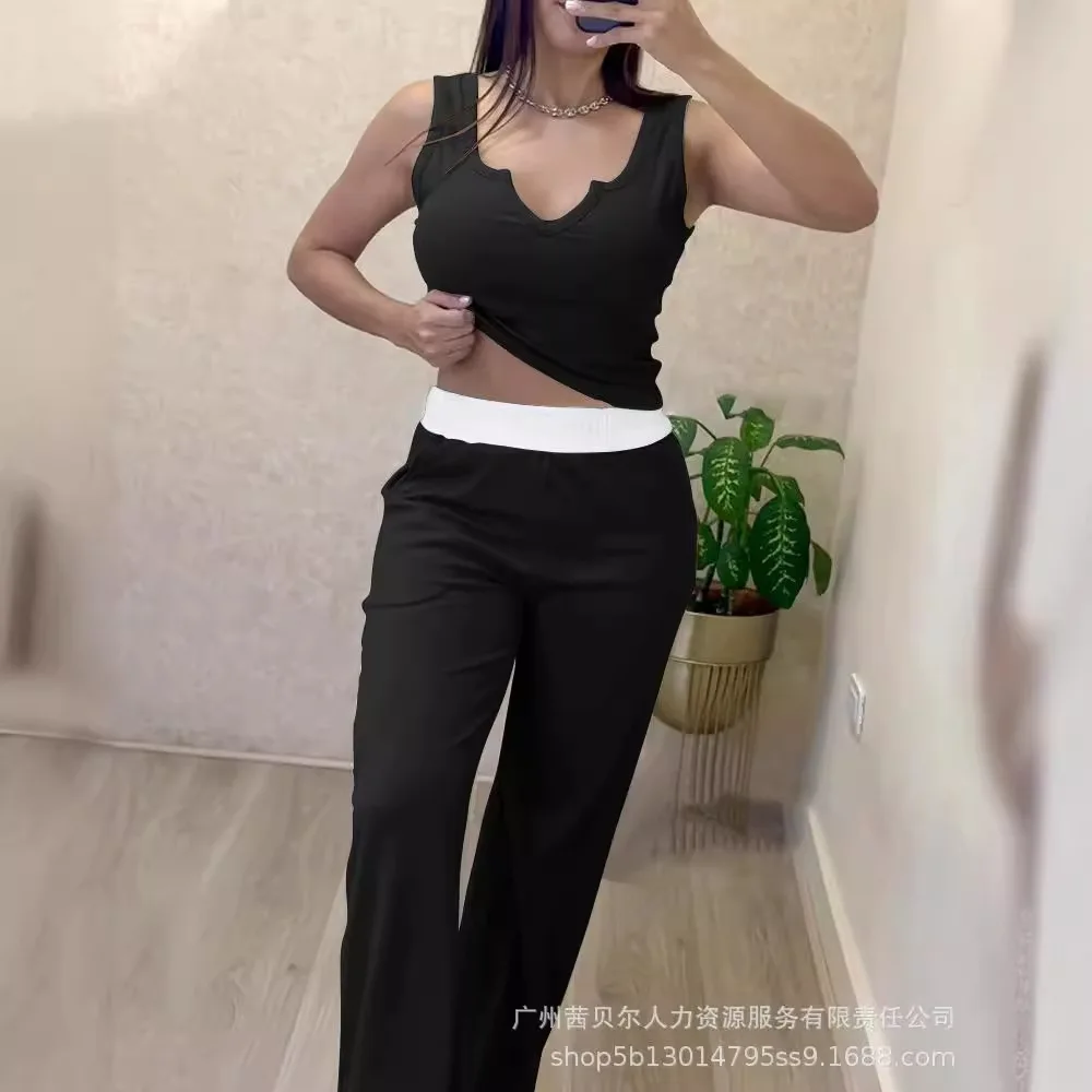 Two Piece Sets Pant Set Women Matching Sets V Neck Sleeveless Vest Tops Sexy Lace Up High Waist Casual Long Straight Pants