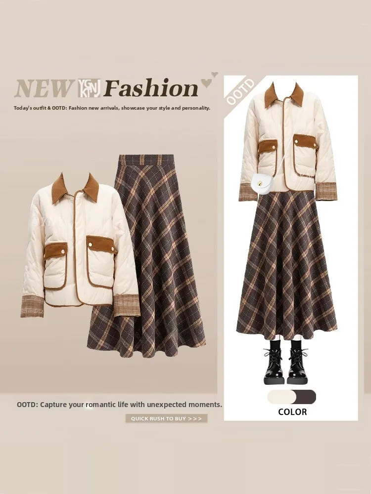 

Retro Korean Plaid Cotton Jaet And Midi Skirt Set Women's Autumn Winter Faion Contrast Color Matching Cheered Outfit