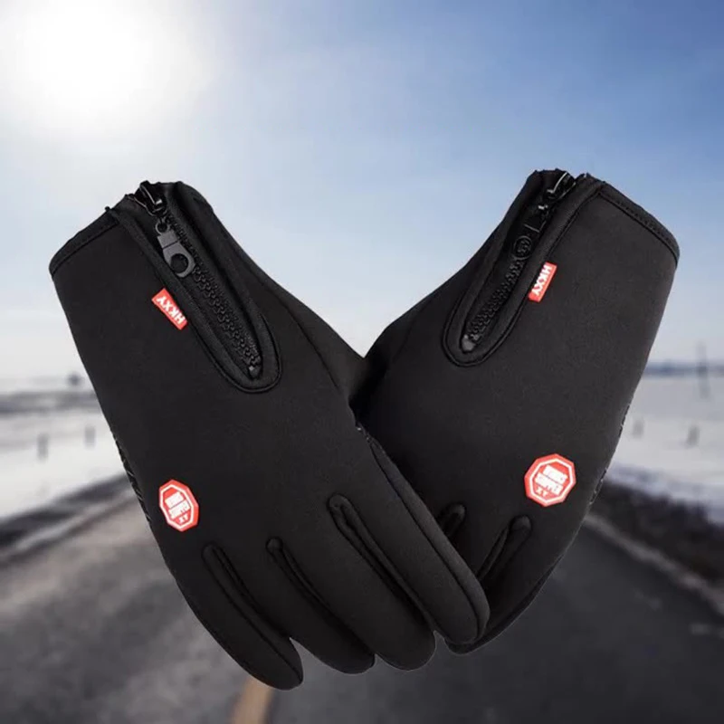 Winter Cycling Sports Gloves Men Women Water Splash Warm Touch Screen Motorcycle Anti-Slip Skiing Zipper Windproof Driving