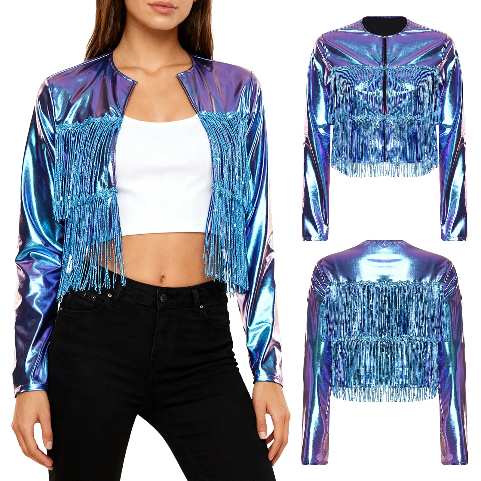 

Women Metallic Fringe Jacket Dance Costume Jazz Disco Clothes Shiny Tiered Sequin Tassel Long Sleeve Coat for Party Cowgirl Rock