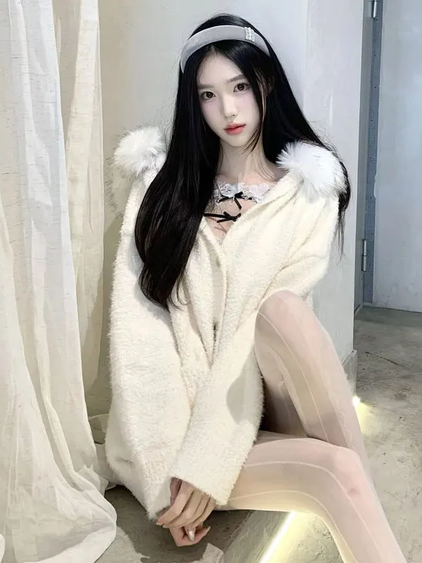 

Korean Sle Lazy Unique Beautiful Hooded Loose Sweater Small Size Youthful Long Sve Top Spring Faion Women's Knitwear