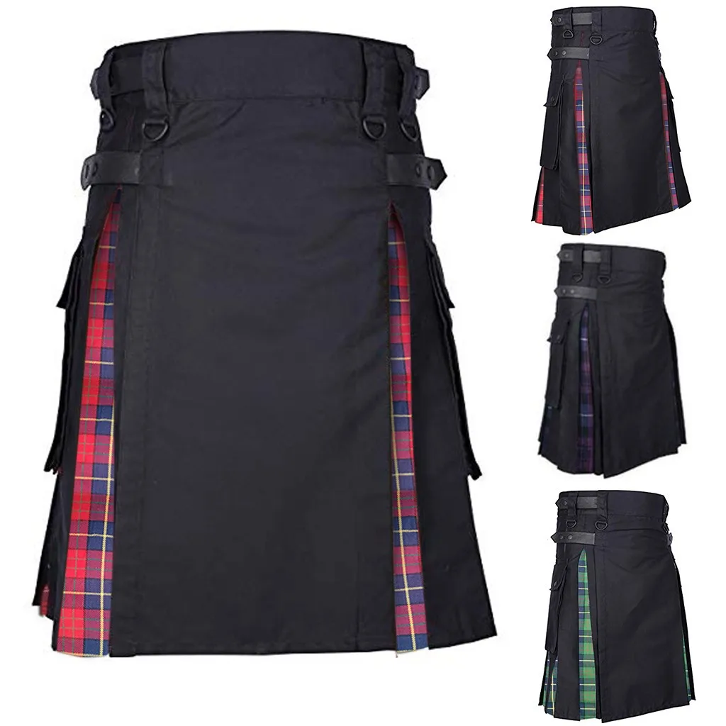 Mens Vintage Scotland Gothic Fashion Kendo Pocket Skirts Scottish Clothing Bedroom