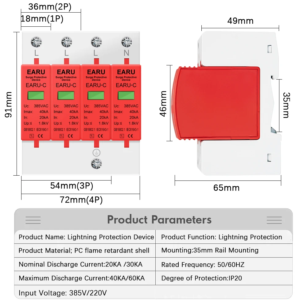 Power Surge Protective Device SPD Arrester Low Voltage House 1/2/3/4 Pole Surge Voltage Protection DC 500V 800V 1000V 40KA 60KA