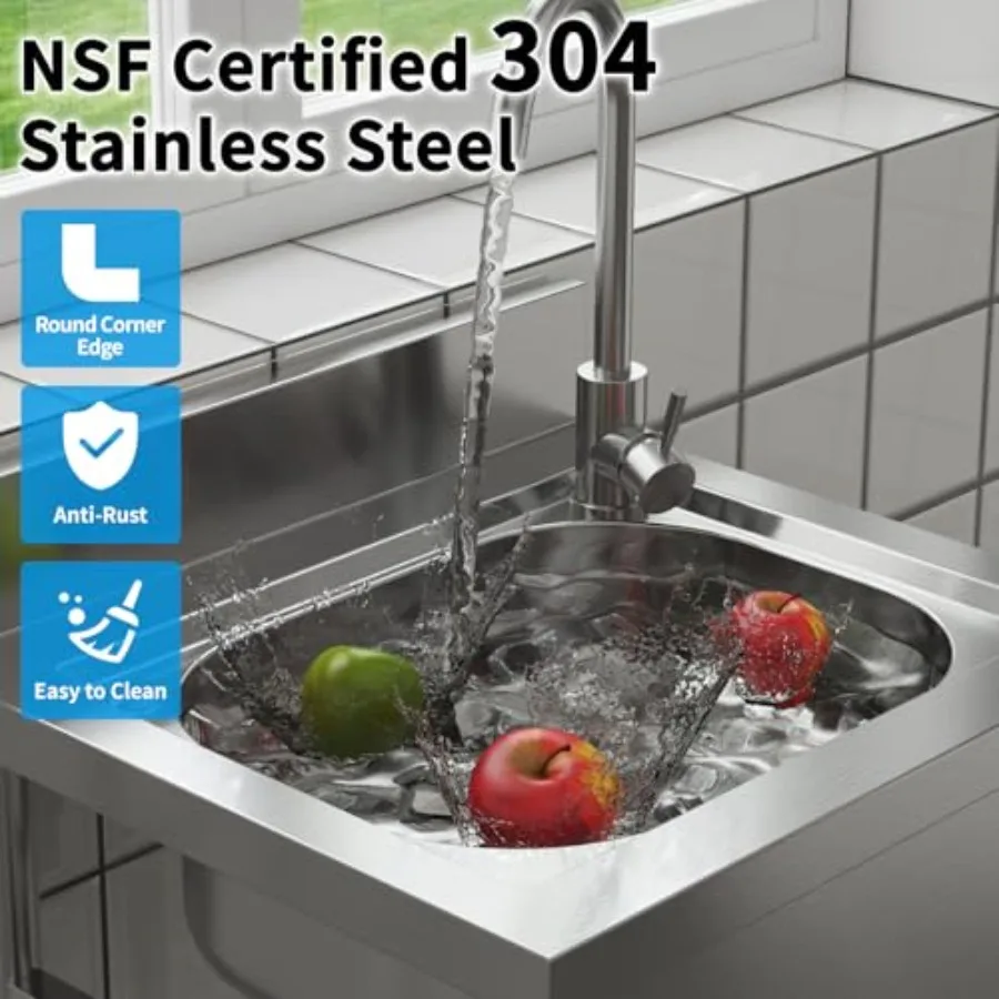 حوض أدوات من الفولاذ المقاوم للصدأ قائم بذاته مع وعاء واحد وصنبور للاستخدام الخارجي في المرآب والحديقة والمطبخ والمزرعة بورتا #3
