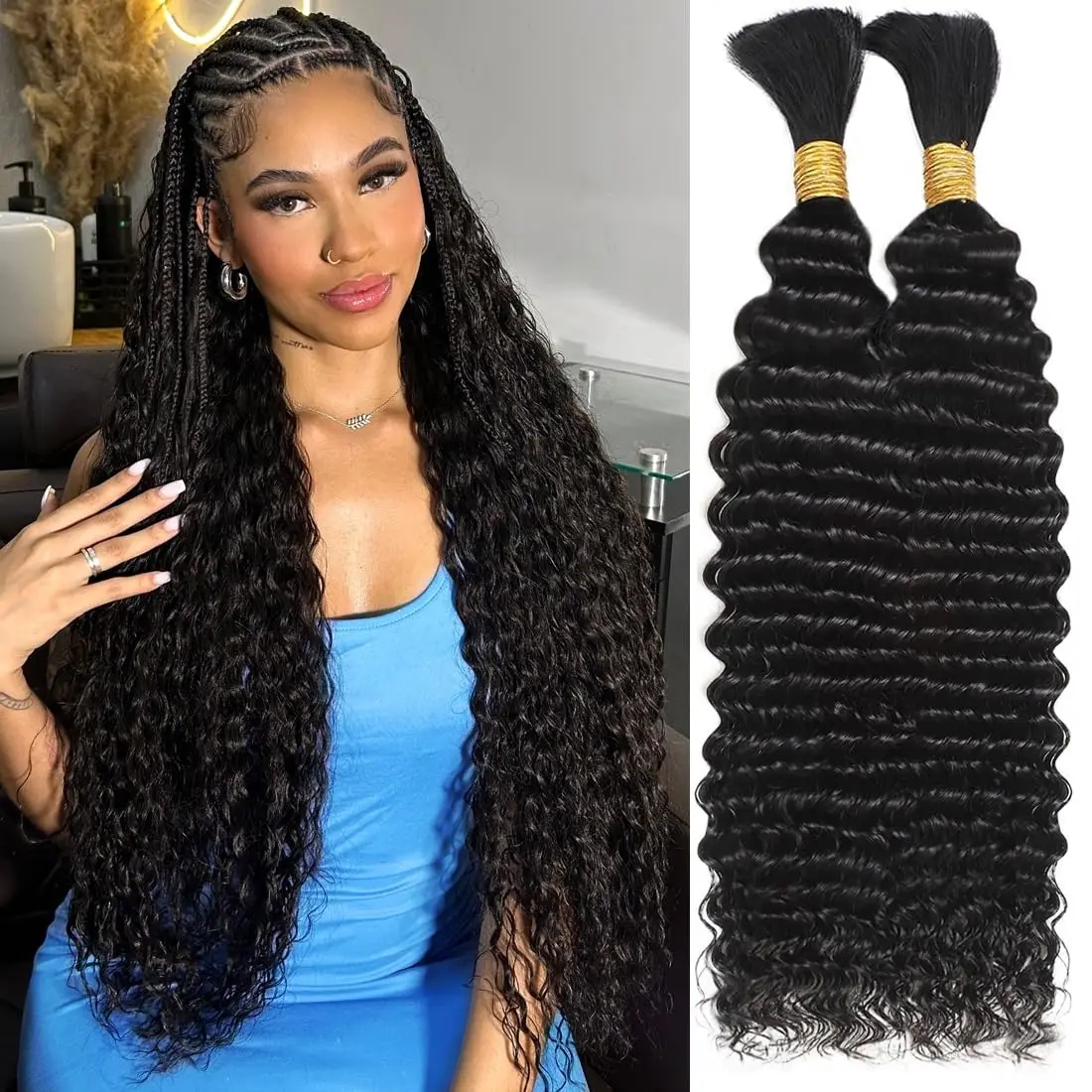 Boho Braids Deep Wave Human Hair 16-26 Inch Bulk Braiding Bundles Curly Crochet Hair Extensions for Women