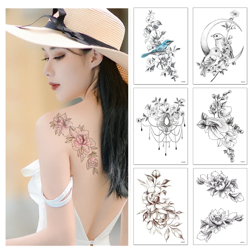 

11 Kinds Flower Sketch Drawings Temporary Tattoo Sticker Arm Leg Body Art Waterproof Disposable tatouage temporaire Tattoos