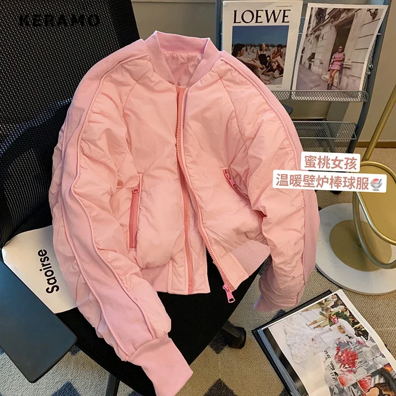 

Casual Sweet Long Sleeve Zipper Parkas 2023 Winter Pink Outerwear Jacket Fashion Warm Solid Color Pockets Women Thick Coat