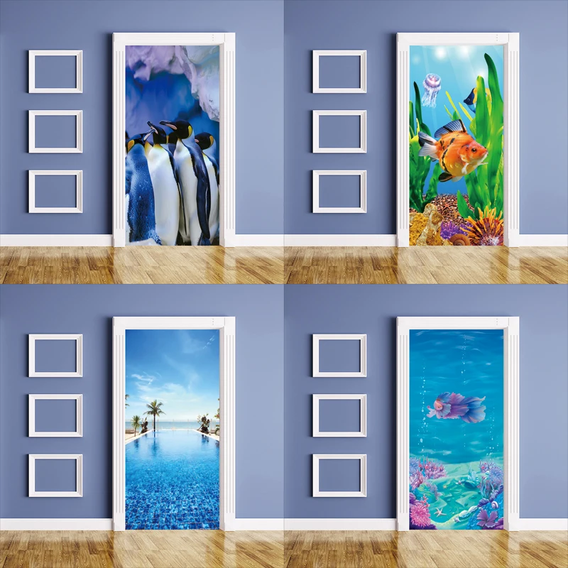 Ocean Theme Door Stickers Adhesive  Decorations Posters Wallpaper for Living Room DIY Full Door Mural Cover Art Poster Home