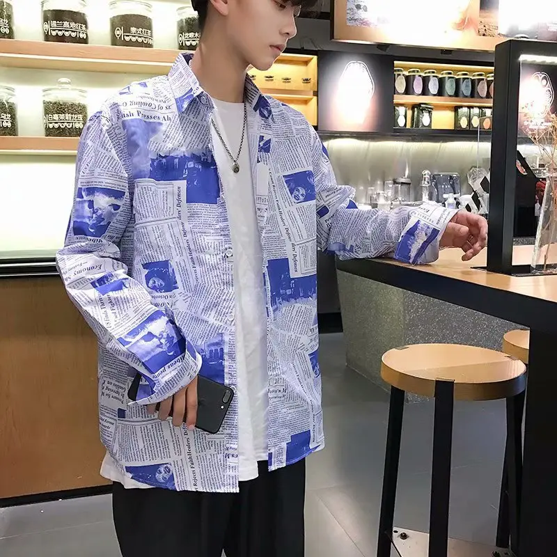 Men's Long Sleeve Shirt Tide Korean Style Slim Hong Kong Style online celebrity Handsome Students Design in Spring