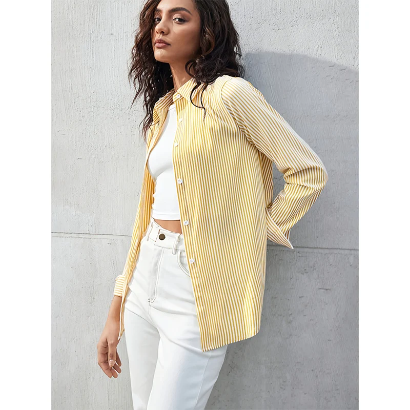 

Классическая женская повседневная полосатая рубашка, весна-осень, простые универсальные блузки с длинными рукавами, модная уличная одежда, желтые женские рубашки