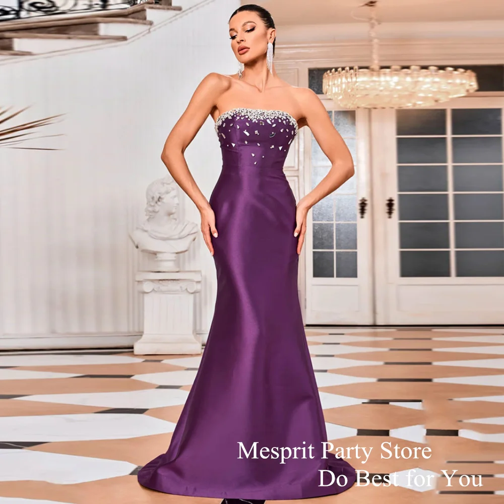 

Purple Evening Dress Strapless Sleeveless Beading Stones Sweep Train Robe De Soiree Satin Party Gown Mermaid Prom Dresses