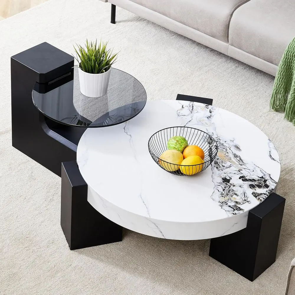 

Modern Nesting Coffee Table Set, Black & White Faux Marble with Glass Top for Living Spaces