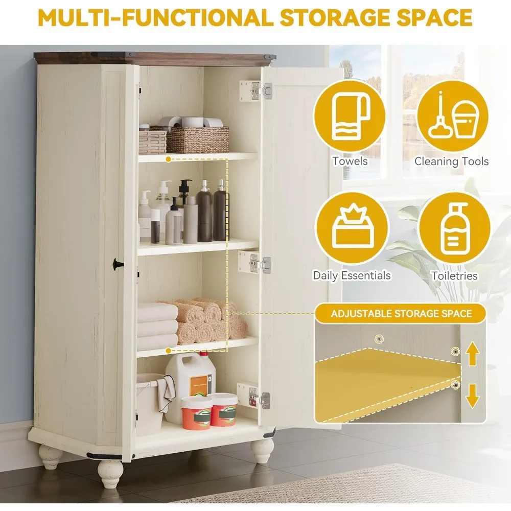 خزانة تخزين DWVO مكونة من 4 طبقات، 45.2 خزانة مخزن مطبخ المزرعة مع 2 مصراعين وأبواب وأرفف قابلة للتعديل، كابينة أدوات خشبية