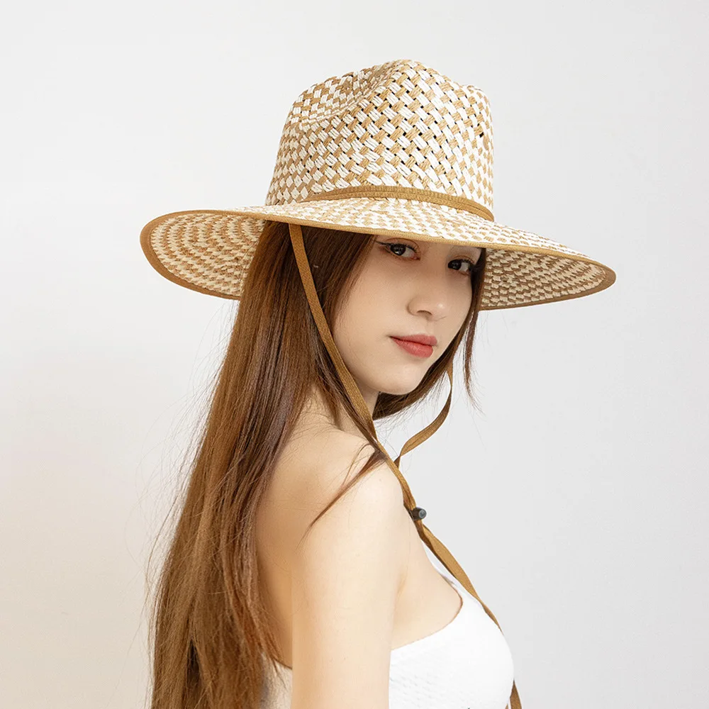 جديد 2025 اليد المنسوجة نغمتين واسعة حافة ورقة القش فيدورا قبعة الصيف واسعة حافة السفر بنما في الهواء الطلق الشمس حماية القش قبعة #4